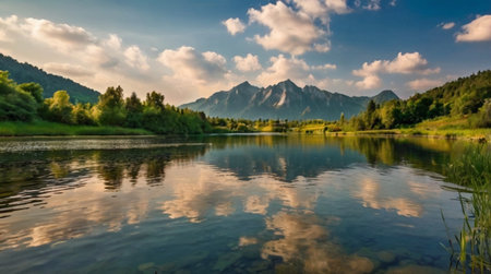 Beautiful mountain lake in Tatra mountains at sunset, Poland.