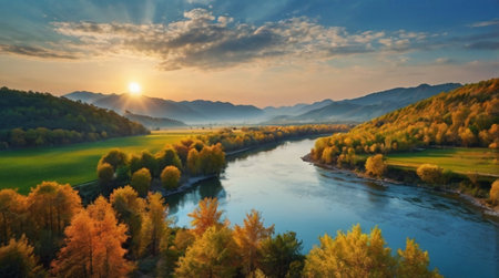 Panoramic view of the river and forest at sunset in autumn
