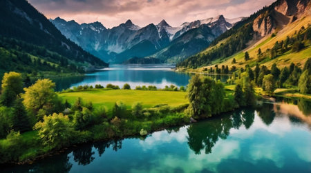 panoramic view of alpine lake with reflection of mountains and cloudsの写真素材