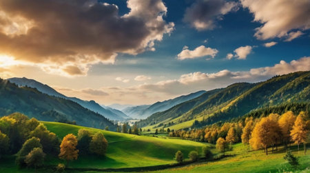 Beautiful autumn landscape in the mountains. Panoramic photo.