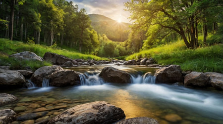 Long exposure of a mountain stream flowing through a green forest during sunsetの写真素材