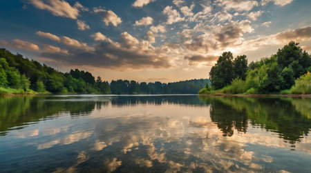 Landscape with lake, forest and sky at sunset. Long exposure.