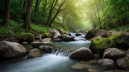 Stream in the green forest. Beautiful nature scene with flowing water.