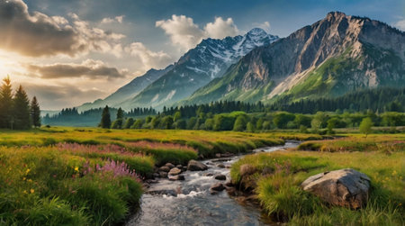 Panorama of a mountain river in the highlands of Altaiの写真素材