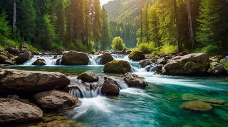 Mountain river with flowing water and stones in the forest. Beautiful summer landscape.