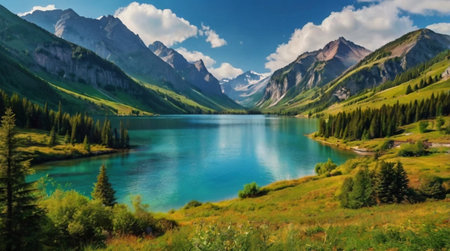 Panoramic view of beautiful alpine lake and mountains in summer.