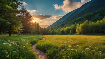 Beautiful sunset in the mountains. Landscape with meadow and forestの写真素材