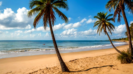 Coconut palm trees on the sandy beach in Sri Lanka.