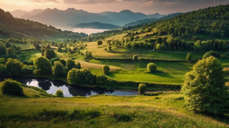 Beautiful summer landscape in the mountains. Green meadow and river.