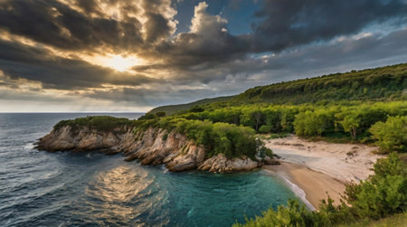 Panoramic view of the sea and the sandy beach at sunsetの写真素材