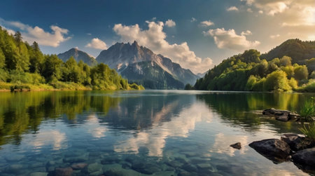 Panoramic view of alpine lake with reflection of mountains in water