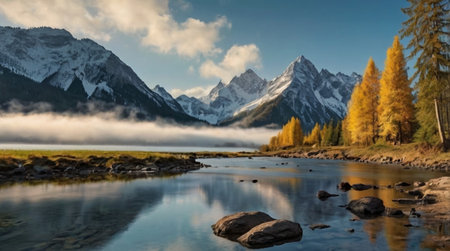 Mountain lake in the autumn season. Mountain lake with snow-capped peaks.