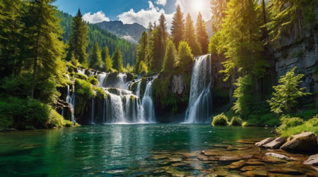 Beautiful waterfall in the mountains. Summer landscape with a waterfall.