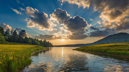 Sunset over the lake in the Altai Mountains, Russia.の写真素材