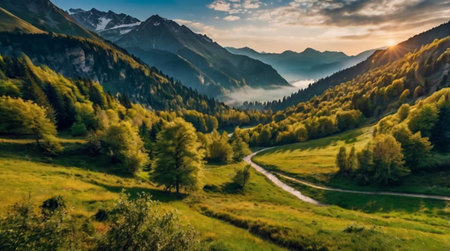 Panoramic view of the alpine meadow in the Swiss Alps.