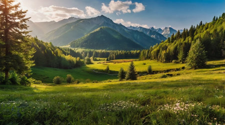 panoramic view of alpine meadow and mountains in backgroundの写真素材