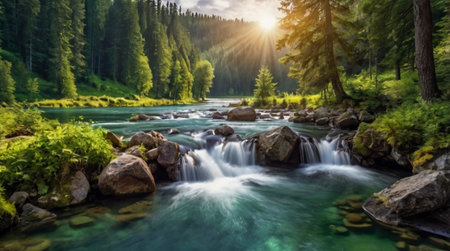 Panoramic view of the mountain river in the Carpathian mountains