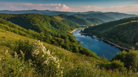Panoramic view of the river in the mountains. Beautiful summer landscape.の写真素材