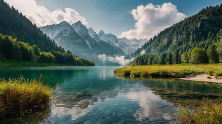 Panoramic view of the alpine lake in the Austrian Alpsの写真素材
