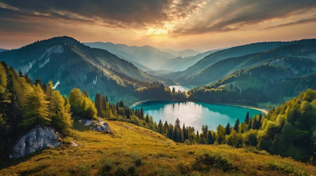 panoramic view of alpine lake in mountains at sunsetの写真素材