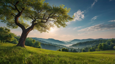 Beautiful summer landscape with big tree on the meadow and mountainsの写真素材