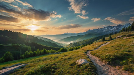 Panoramic view of the mountains at sunset. Beautiful summer landscape.