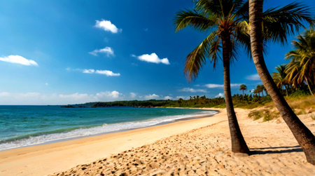 Panoramic view of a tropical beach with palm trees and blue skyの写真素材