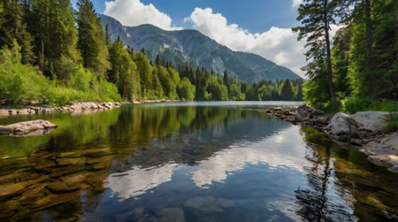 Mountain lake with clear water and reflections in the water. Summer landscape.の写真素材