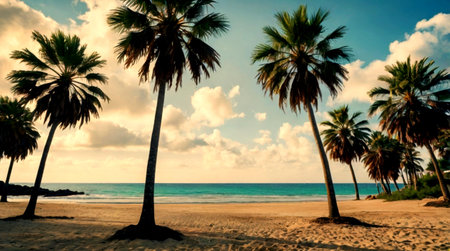 Palm trees on the sandy beach in Dominican Republic, Caribbean sea