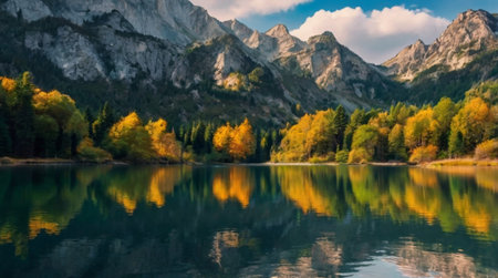 Reflection of the mountains in the lake. Beautiful autumn landscape.
