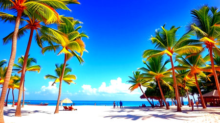 Coconut palm trees on a tropical beach at sunny day.