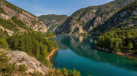 Panoramic view of the turquoise colored lake in the mountainsの写真素材