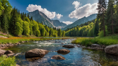 Panorama of the mountain river in the Tatra Mountains, Poland