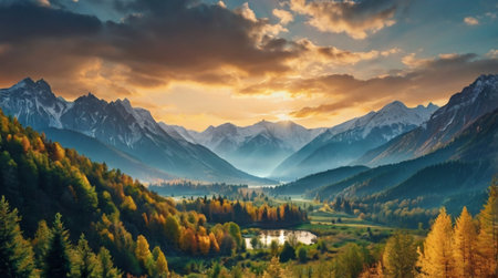 Panoramic view of autumnal alpine landscape. Sunrise in Dolomites, Italy.の写真素材