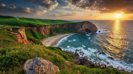 Panoramic view of the cliffs and the ocean at sunset, Peniche, Portugalの写真素材