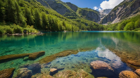 Beautiful alpine lake with crystal clear water and high mountains in backgroundの写真素材