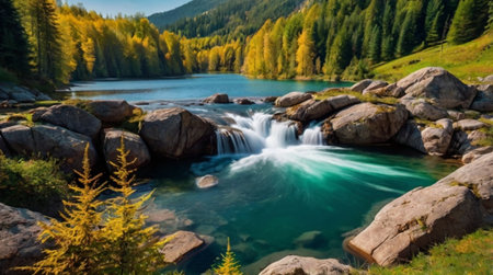 Waterfall in the mountains. Beautiful autumn landscape with a waterfall in the mountains.