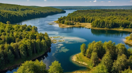 Aerial view of the lake and forest. Beautiful summer landscape.の写真素材