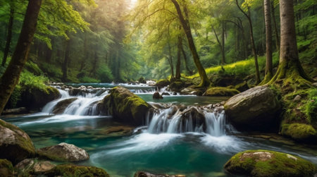 Beautiful landscape of waterfall in the forest. Mountain river in the forest.