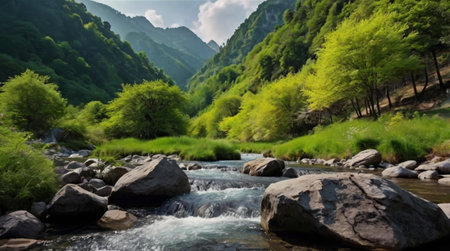 Landscape with mountain river in Caucasus mountains. Georgia, Europe.の写真素材