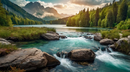 Panoramic view of a mountain river at sunset. Beautiful summer landscape.の写真素材