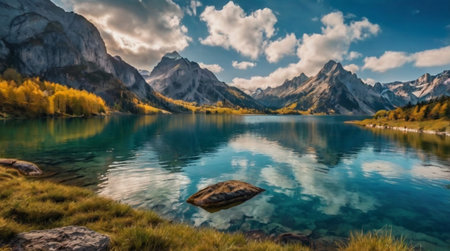 panoramic view of alpine lake in autumn, italy