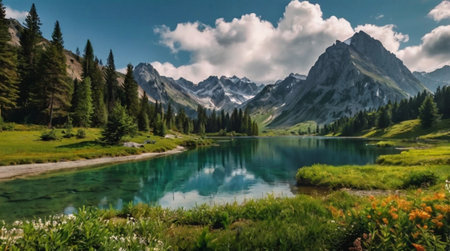 Panoramic view of alpine lake with reflection of mountains and clouds