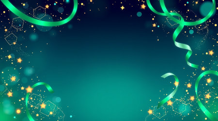 Christmas background with green ribbons and confetti. Vector illustration.