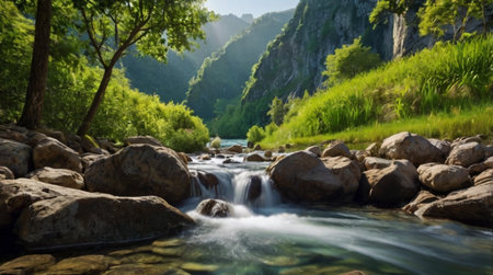 Waterfall in the mountains of Montenegro. Panoramic viewの写真素材