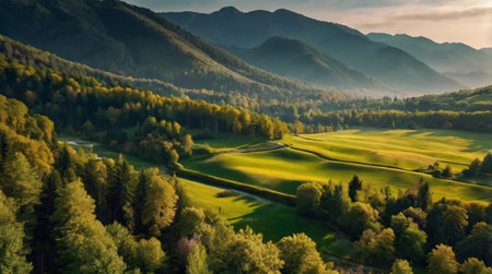 Aerial view of green meadow and forest in mountains at sunsetの写真素材