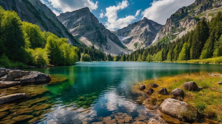 Panoramic view of alpine lake in the Dolomites, Italy