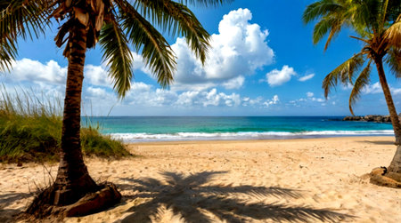 Coconut palm trees on a tropical beach, Seychellesの写真素材