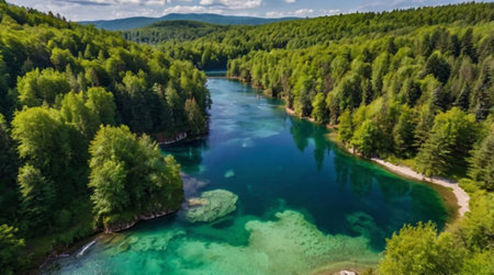 Aerial view of the beautiful turquoise water of the Plitvice Lakes National Park in Croatiaの写真素材