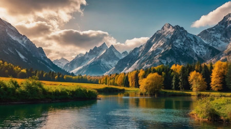 Panoramic view of autumn alpine lake and snowcapped mountains